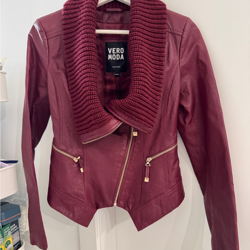 Vero Moda Red Leather Jacket Asymmetrical Moto Style